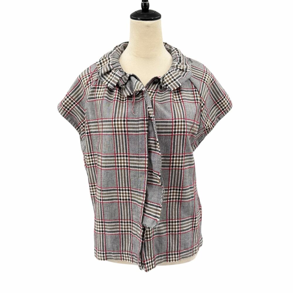 A Shirt Thing Bold Plaid Print Ruffle Collar Button Up Top Slouchy Academia